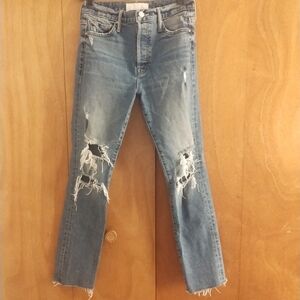 Mother The Teickater Skimp Fray Distressed Blue Jeans Size 25